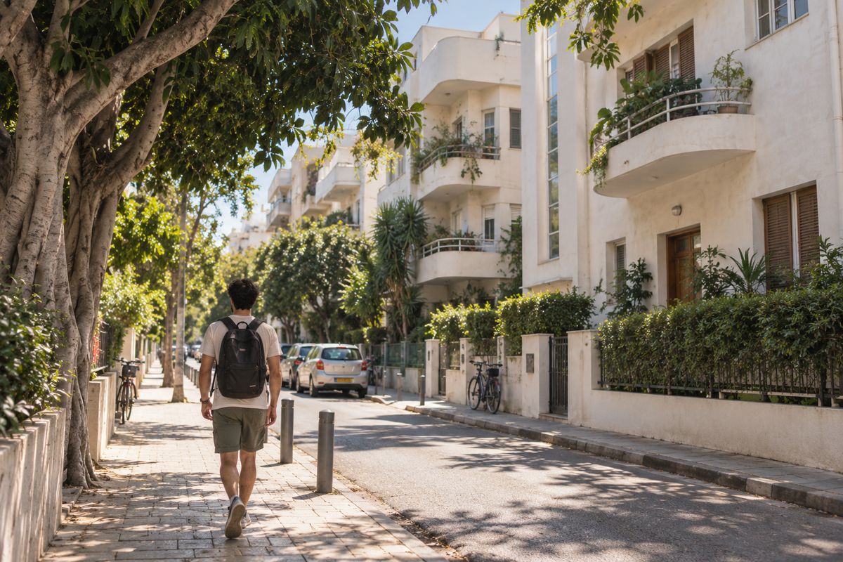 A quiet tree-lined Tel Aviv street with white Bauhaus apartment buildings