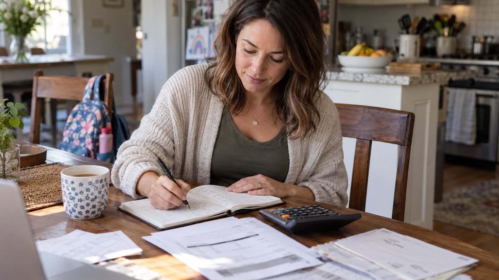 A mother at her dining table in the morning, writing figures in a notebook beside a calculator and a few bills