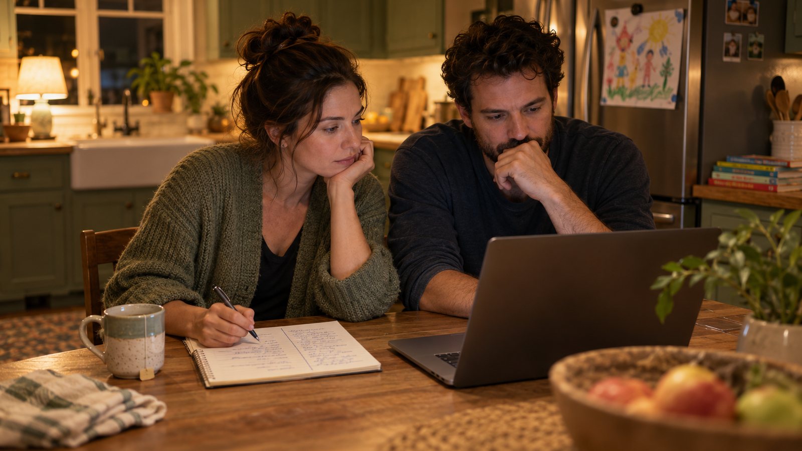 Two parents at their kitchen table in the evening, one writing in a notebook, the other reading on a laptop