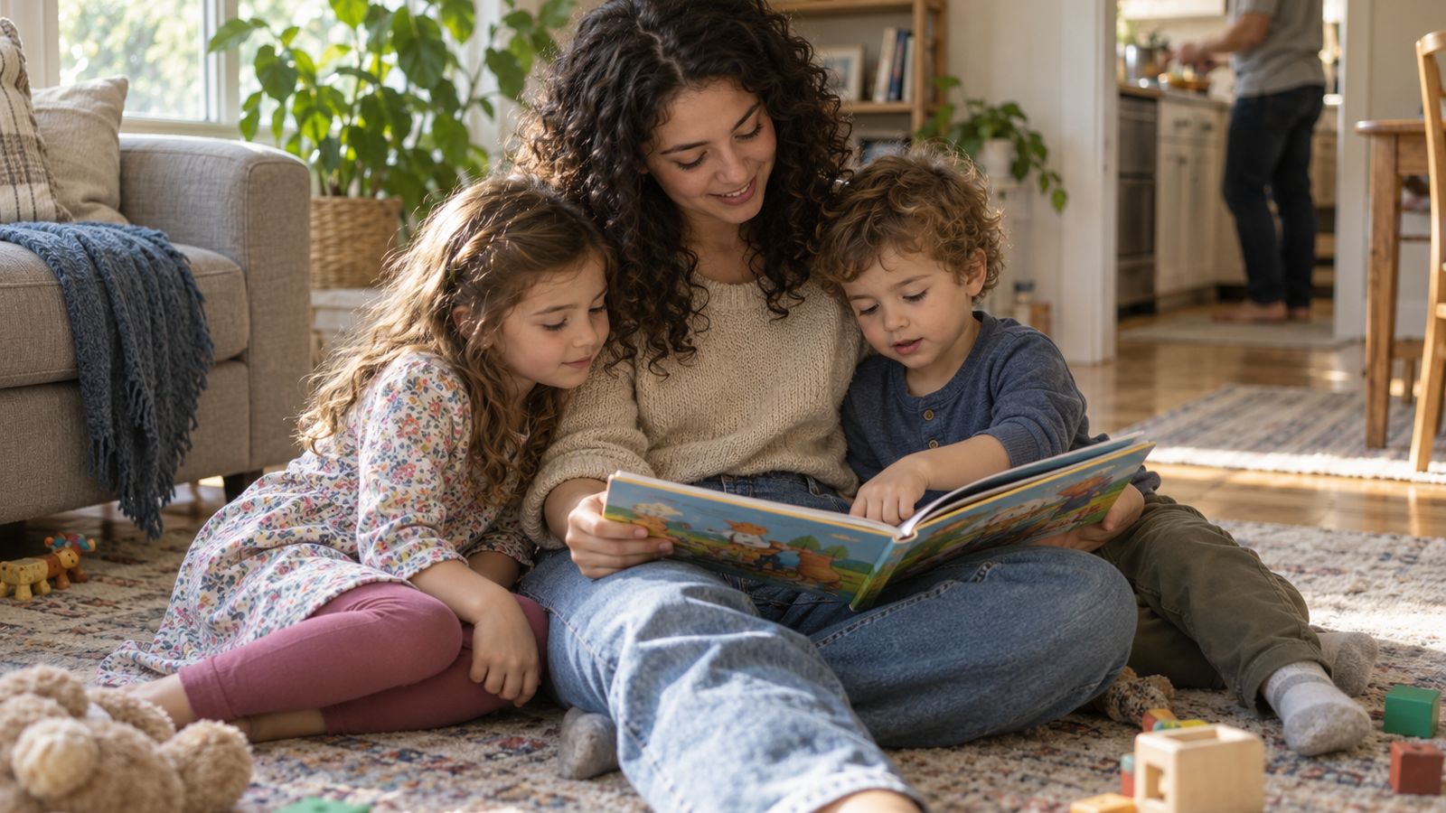 A young woman reading a picture book on the living room floor with two children, a parent in the kitchen behind them