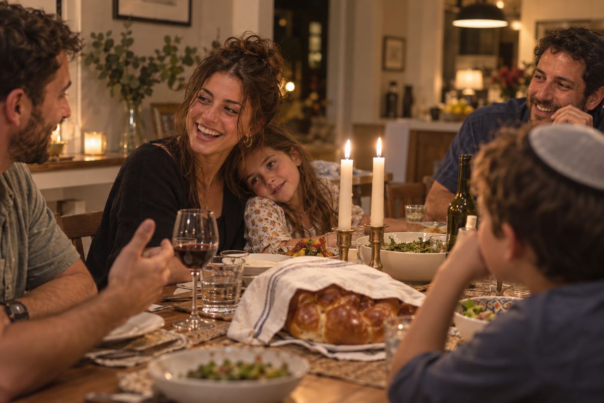 צעירה בארוחת שישי עם המשפחה המארחת, ילדה נשענת על כתפה