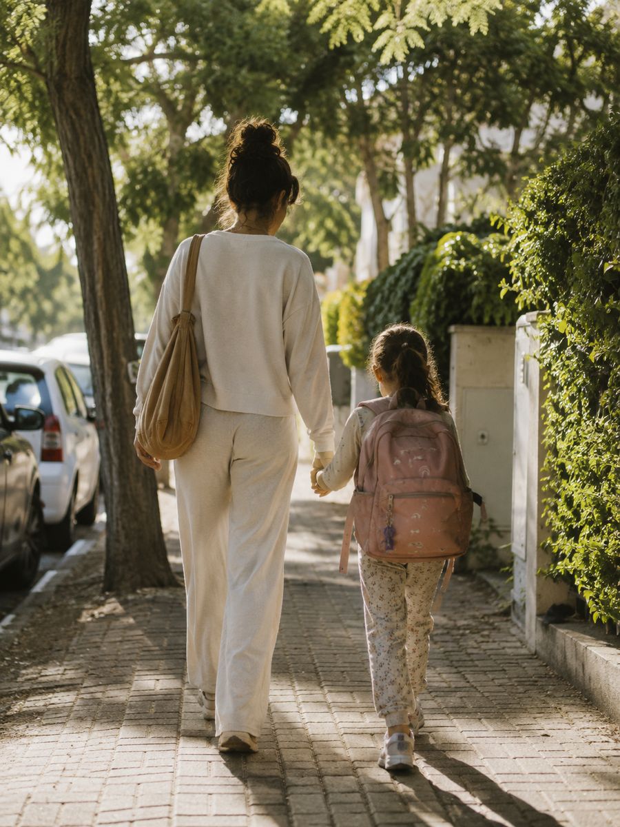 A young woman and a child with a backpack walking hand in hand on a park path